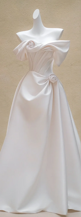 White satin one-shoulder slim waist long dress bridal gown R5745
