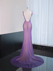 Purple halter neck, fitted waist, sexy long ball gown R9014