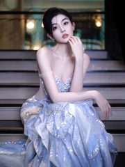 Light Blue Sequin Strapless Waist-Cinched Fitted Mermaid Floor-Length Dreamy Prom Dress R7097