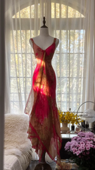 Pink retro color-blocked halter-neck fitted long ball gown R7733