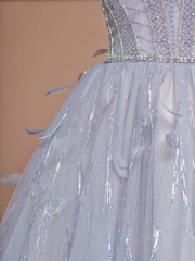 Light blue strapless, fitted waist, full skirt, long ball gown R8403