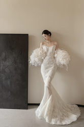 White strapless lace waist slim elegant fishtail sexy long dress bridal gown R6059
