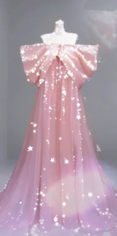 Pink strapless bow neckline straight long ball gown R6458