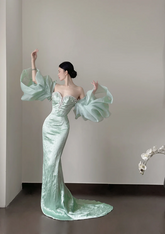 Light green strapless, waist‑cinching, slim‑fit, bodycon sexy long ball gown R8003