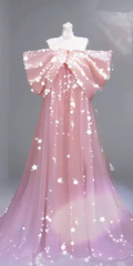 Pink strapless bow neckline straight long ball gown R6458