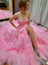 Gorgeous Sweetheart Neck Strapless High Slit Pink Lace Long Prom Dresses, Pink Lace Formal Dresses, Pink Evening Dresses S7197