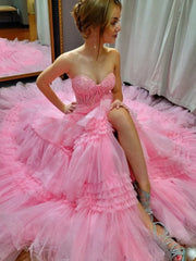 Gorgeous Sweetheart Neck Strapless High Slit Pink Lace Long Prom Dresses, Pink Lace Formal Dresses, Pink Evening Dresses S7197