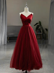 Burgundy V-Neck Satin Tulle Long Prom Dress, A-Line Strapless Evening Party Dress S7192