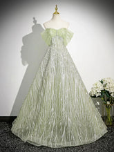 Green Tulle Sequins Long Prom Dress, Beautiful Off the Shoulder Party Dress S7191