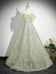 Green Tulle Sequins Long Prom Dress, Beautiful Off the Shoulder Party Dress S7191
