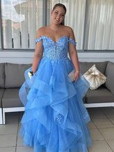Off the Shoulder Fluffy Light Blue Lace Long Prom Dresses, Light Blue Lace Formal Evening Dresses S7195