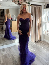 Strapless Mermaid Purple Lace Long Prom Dresses, Purple Lace Formal Dresses, Purple Evening Dresses S7199