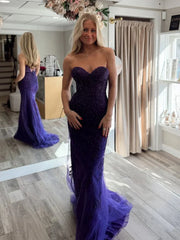 Strapless Mermaid Purple Lace Long Prom Dresses, Purple Lace Formal Dresses, Purple Evening Dresses S7199