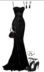 Elegant Mermaid Spaghetti Straps Black Lace Long Prom Dress S7204