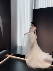 White halterneck slim waist sexy long dress bridal gown R6040