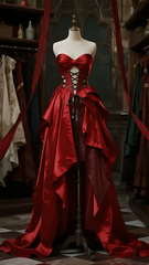 Red tube top waist slim sexy satin maxi ball gown, bridal gown R6100