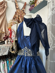 Blue satin open back slim elegant short dress, ball gown R6220