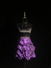 Black strapless top with a fitted waist and purple short hem, a prom dress R8682