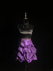 Black strapless top with a fitted waist and purple short hem, a prom dress R8682