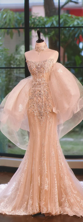 Champagne pink tube top waist slim fishtail sexy long dress bridal dress R5706