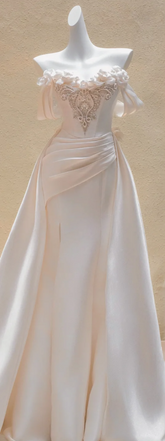 Pink one-shoulder floral neckline slim waist long dress bridal gown R5747