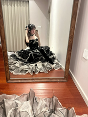 Black strapless, fitted waist, full skirt, long ball gown R8836