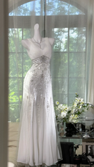 White halter-neck, fitted waist, bodycon fishtail long ball gown R7615
