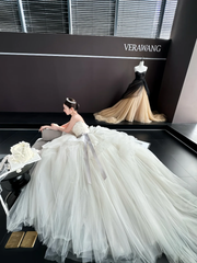 White tube top slim waist puffy skirt tulle bridal dress R6041