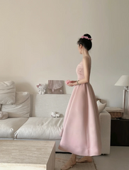 Champagne pink spaghetti strap, waist-cinched, slim-fit A-line long elegant prom dress R7966