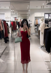 Red spaghetti strap waist-cinching slim-fit bodycon sexy prom dress R7926
