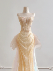 Light apricot strapless fitted waist bodycon long ball gown R8174
