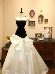 Black Strapless Waist-Cinched Slim-Fit Long Gown with White Skirt, Bridal Ball Gown R7139