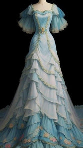 Blue square neck, slim waist, elegant skirt cake long skirt, prom dress R5303