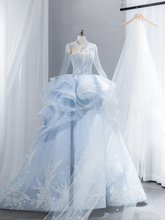 Light blue fitted waist elegant full skirt long ball gown R8436