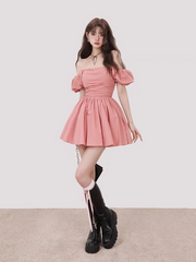 Pink one-shoulder slim waist pleated long skirt homecoming dress R5271