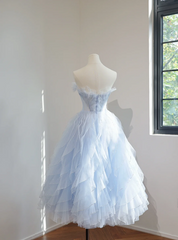 Light blue strapless, fitted waist, full skirt, mid-length ball gown R8466