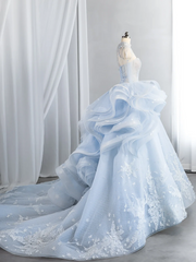 Light blue fitted waist elegant full skirt long ball gown R8436
