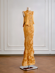 Gold sleeveless fitted waist bodycon skirt suit for prom dress R8175