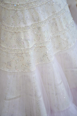 White strapless fitted waist slim-fitting long ball gown with a purple full skirt R8897