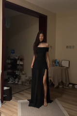 Black off-the-shoulder fitted waist slimming slit sexy long ball gown R8090