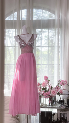 Light pink halter-neck fitted long ball gown R7655