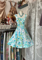 Blue floral print halter-neck A-line short ball gown R6381