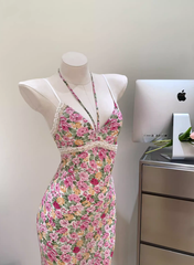 2025 floral suspender dress for women summer waist slimming seaside holiday beach long skirt R0303