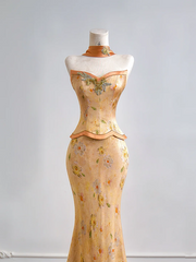 Gold strapless fitted top and hip-hugging sexy skirt set, long ball gown R8155