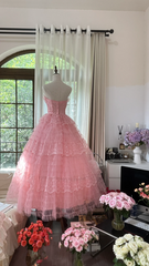 Pink strapless, fitted waist, puffy cake skirt, long ball gown R7768