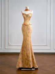 Gold strapless fitted top and hip-hugging sexy skirt set, long ball gown R8155