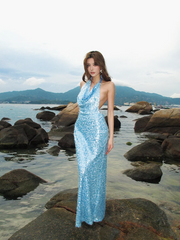 Light blue sequined halter neck fitted waist bodycon long sexy ball gown R8868