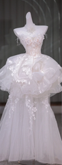 White tube top three-dimensional flower waist slim fit puffy skirt layered long dress bridal gown R5826