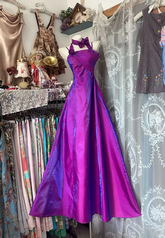 Bright purple halter neck fitted waist sexy long ball gown R7810