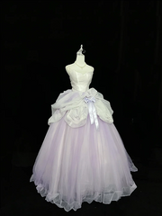 White strapless bodice, light purple tulle skirt, long ball gown R9049